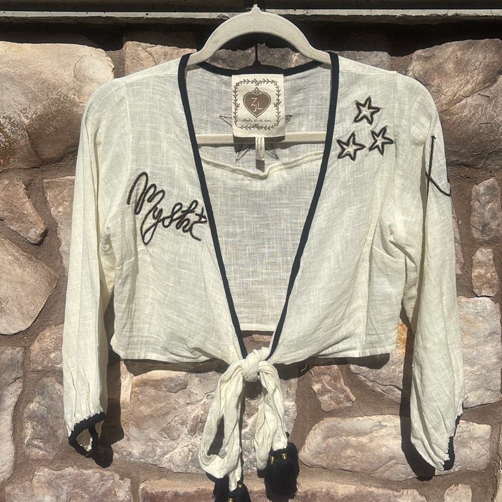 Z&L Long Sleeve Top Tie Front Mystic Embroidered Cotton Size Small Festival